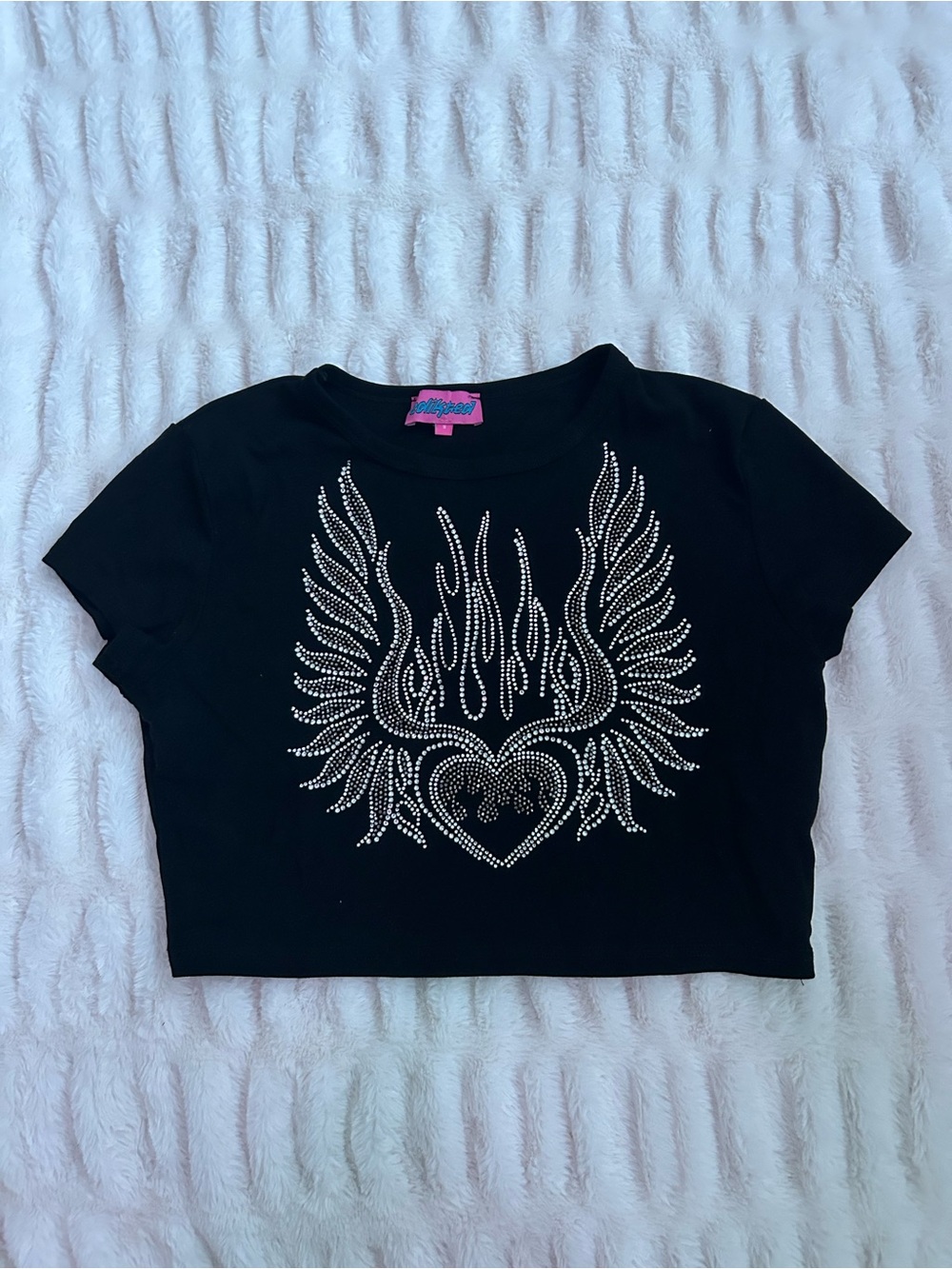 Edikted Black Rhinestone Wing Heart Crop Tee